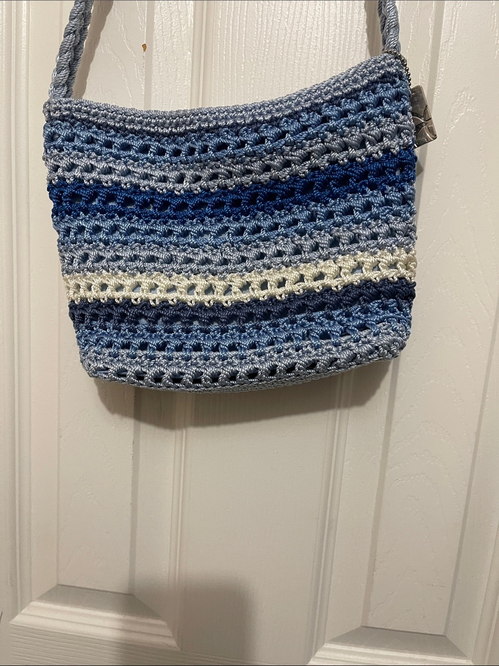 LINA Crochet Knit Shoulder Bag Purse blue White Stripe Boho Braided Strap - Picture 5 of 5